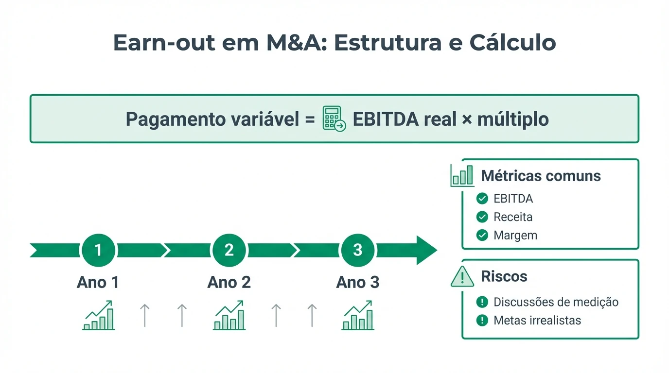 Diagrama da fiscalidade de earn-outs em Portugal: cessão de quotas com pagamento inicial e tranches contingentes, ramificação entre IRS categoria G com Anexo G do Modelo 3 e IRC com mais-valias na alienação de participações.
