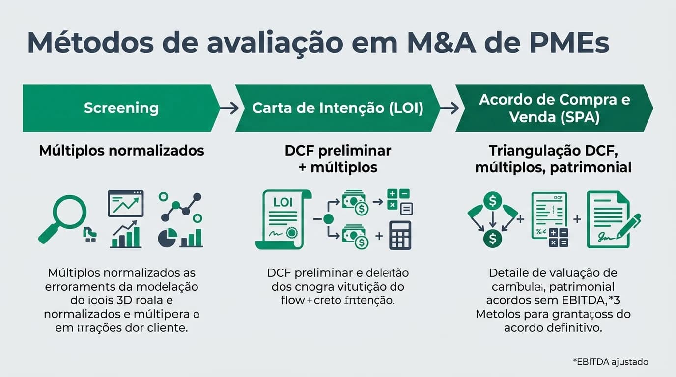 Infográfico em português sobre valuation de PMEs em Portugal: integração prática dos métodos de múltiplos EV/EBITDA, DCF com WACC 12% a 18% e valor patrimonial ajustado para negociação de compra e venda de empresas.
