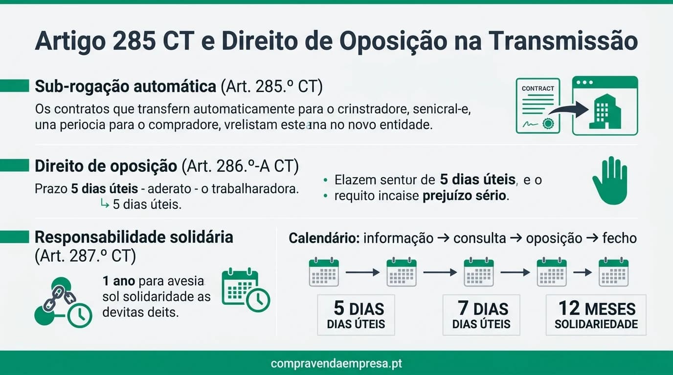 Infográfico profissional em português: artigo 285.º do Código do Trabalho e direito de oposição na transmissão — sub-rogação automática, art. 286.º-A CT, prazo de 5 dias úteis, prejuízo sério e responsabilidade solidária art. 287.º.