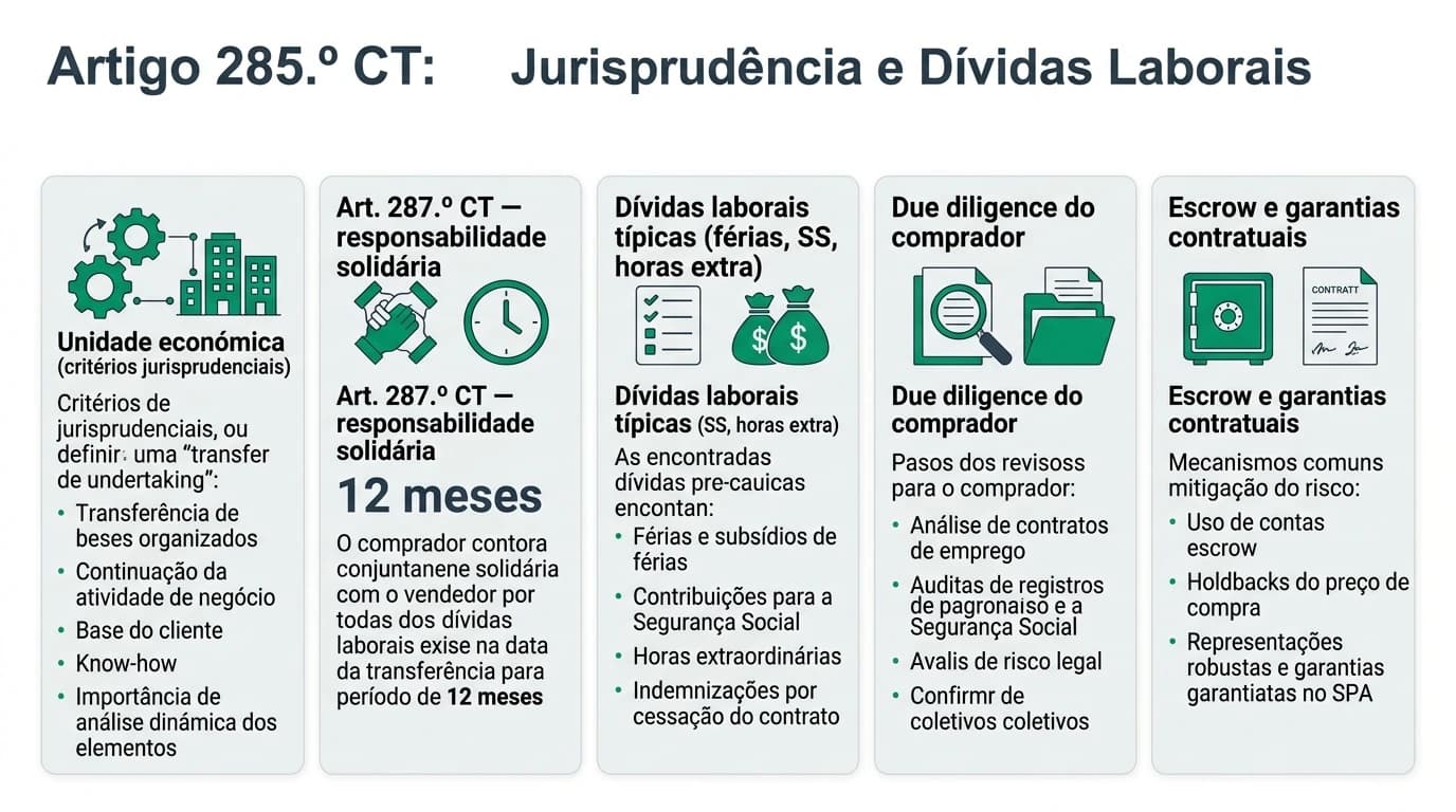 Infográfico profissional em português: artigo 285.º CT — jurisprudência sobre unidade económica, dívidas laborais herdadas pelo comprador, responsabilidade solidária do artigo 287.º e salvaguardas contratuais em M&A.