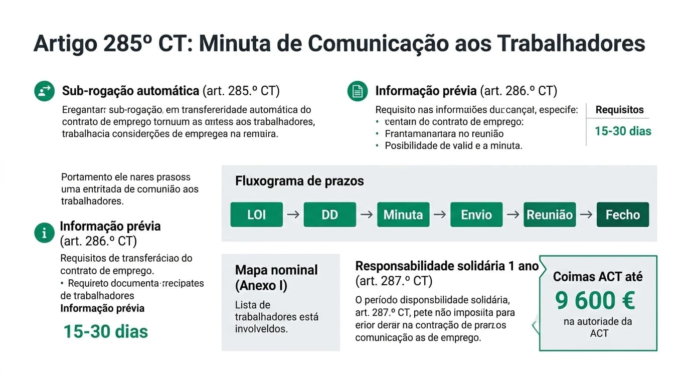 Infográfico profissional em português: artigo 285.º CT — minuta de comunicação aos trabalhadores na transmissão de empresa, com fluxograma de prazos, arts. 286.º e 287.º CT e mapa nominal pré-fecho.