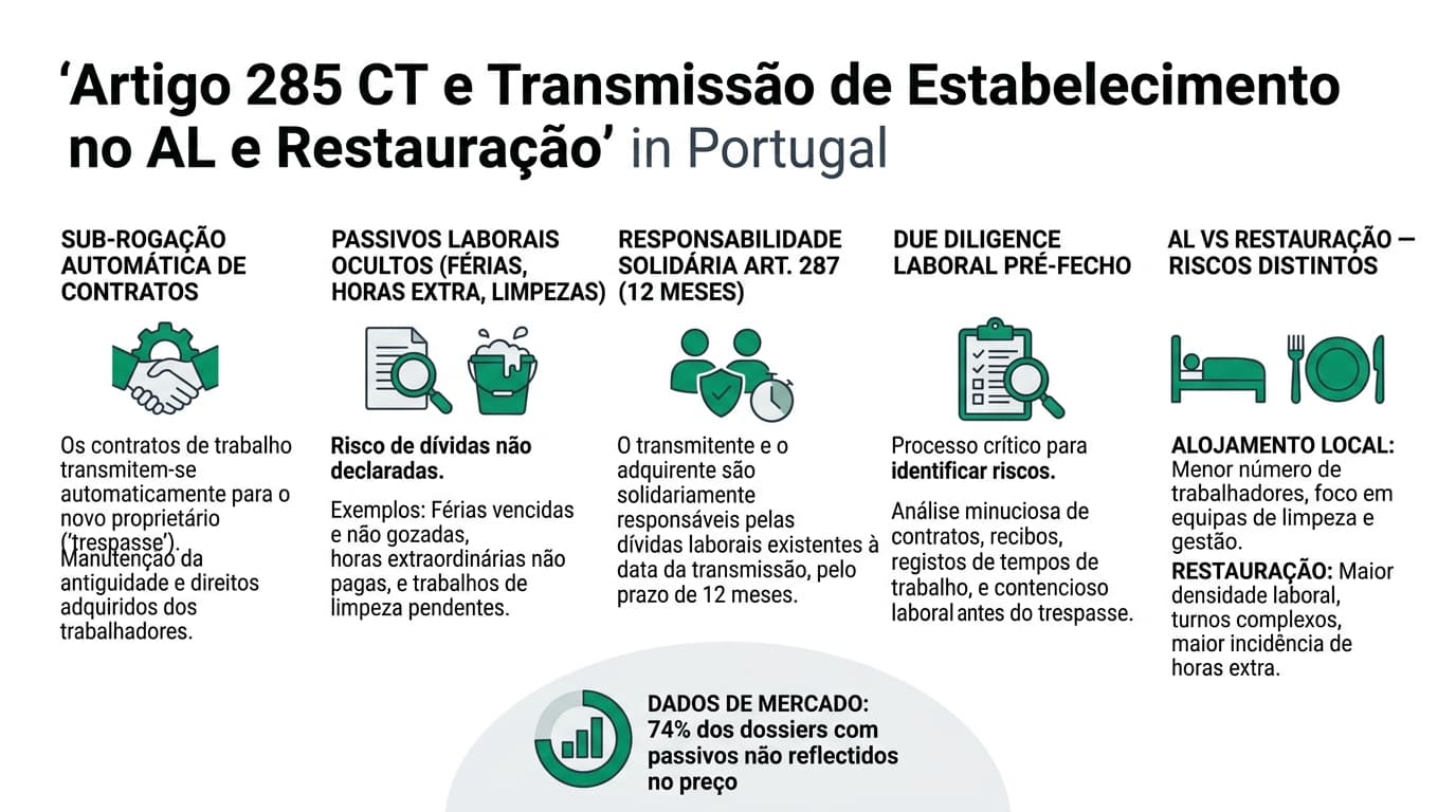 Infográfico profissional em português: artigo 285.º do Código do Trabalho aplicado a trespasse de restaurantes e alojamento local — sub-rogação de contratos, passivos laborais ocultos, responsabilidade solidária artigo 287 e checklist de due diligence sectorial.