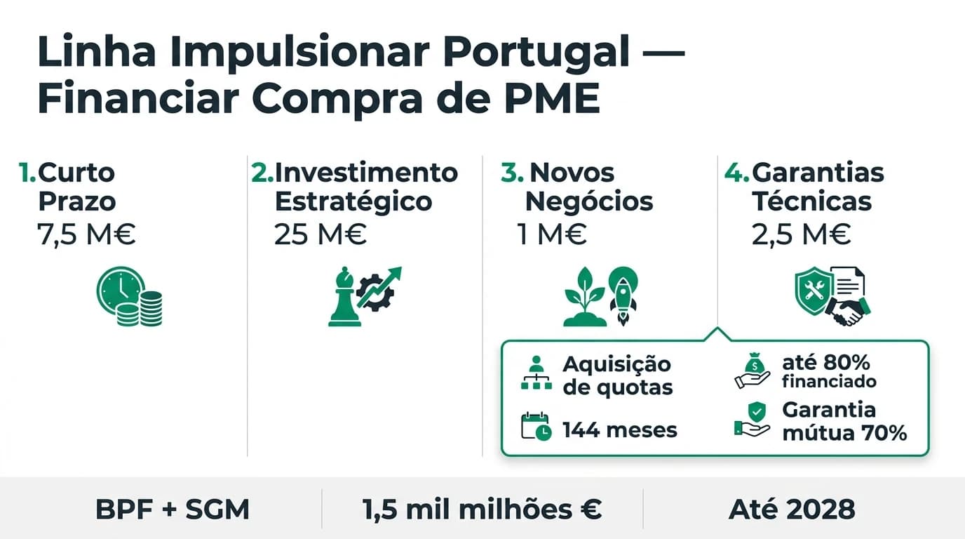 Infográfico 16:9 sobre a Linha Impulsionar Portugal do BPF, com os quatro eixos de financiamento, montantes até 25 milhões de euros, garantia mútua de 70% e prazos até 144 meses para aquisição de participações sociais em PME.